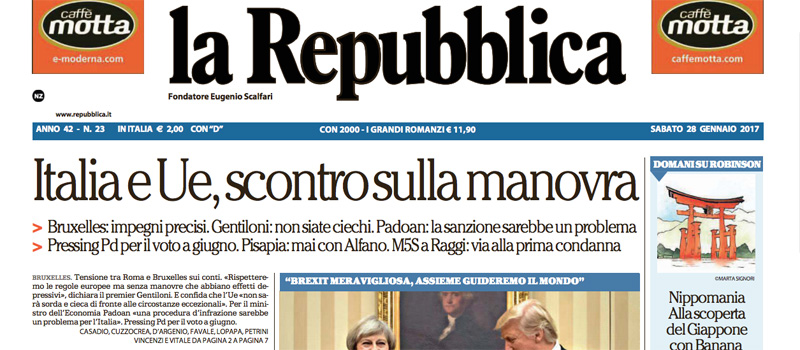 Le prime pagine di sabato 28 gennaio 2017