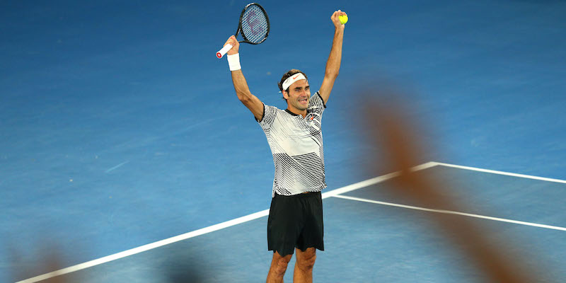 Roger Federer esulta dopo il punto della vittoria nella finale contro Nadal (Graham Denholm/Getty Images)