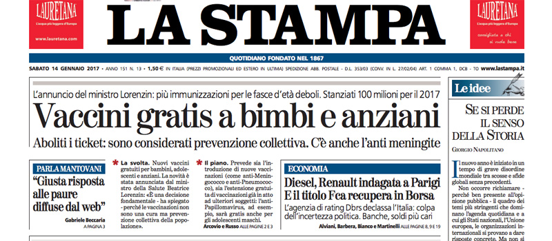 Le prime pagine di sabato 14 gennaio 2017