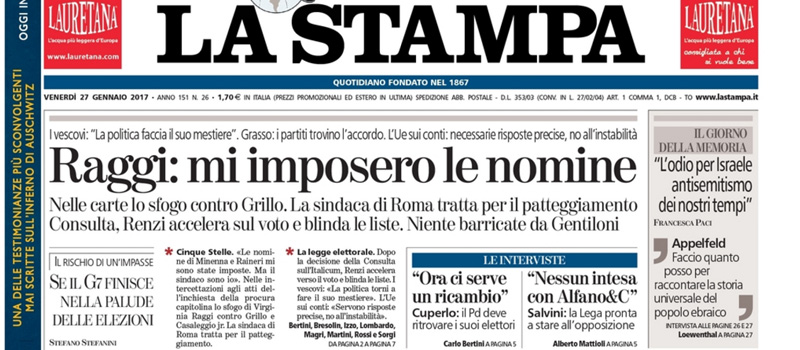 Le prime pagine di venerdì 27 gennaio 2017
