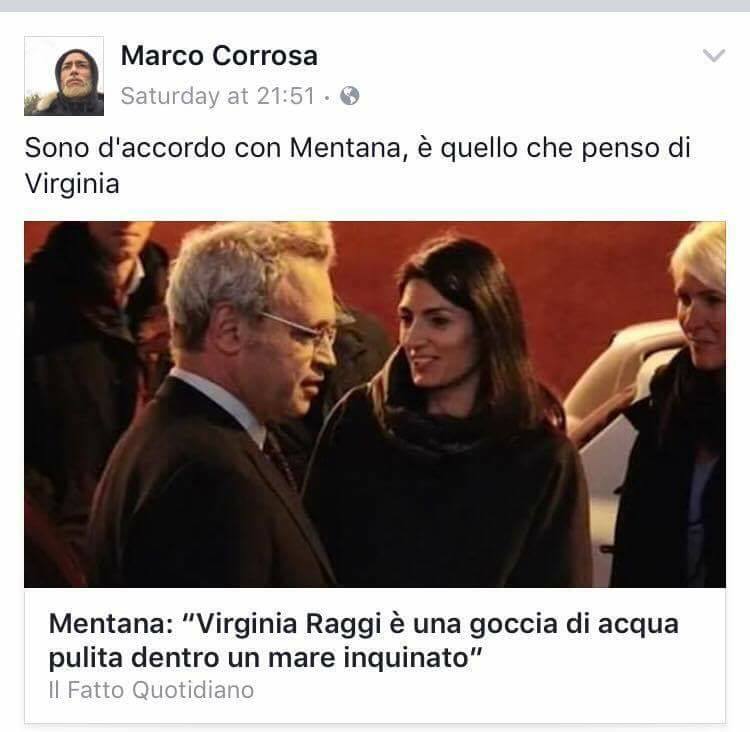 Enrico Mentana non ha mai detto che Virginia Raggi è «una goccia di acqua pulita»