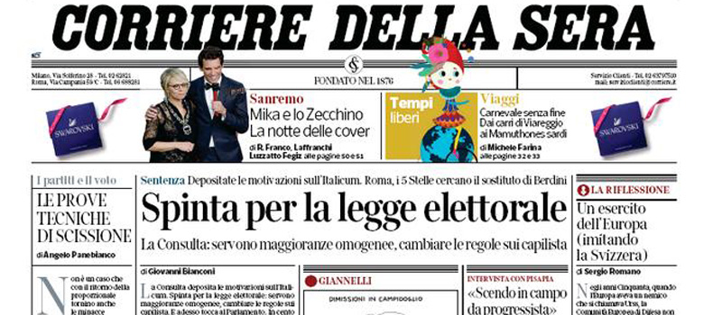 Le prime pagine di venerdì 10 febbraio 2017