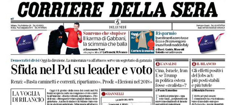 Le prime pagine di lunedì 13 febbraio 2017