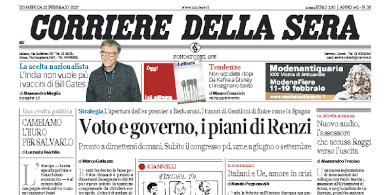 Le prime pagine di domenica 12 febbraio 2017