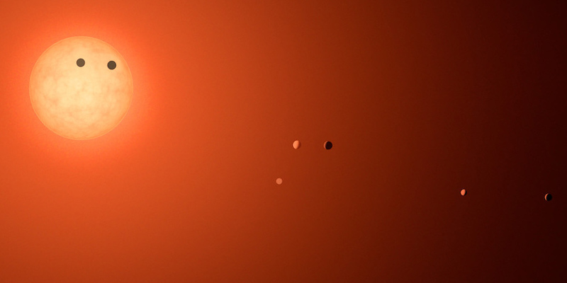 TRAPPIST-1 e i sette pianeti che le orbitano intorno, in un'elaborazione grafica (NASA/R. Hurt/T. Pyle)