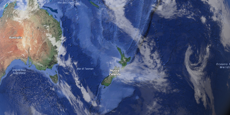 La Nuova Zelanda e la parte di oceano che la circonda vista da Google Earth