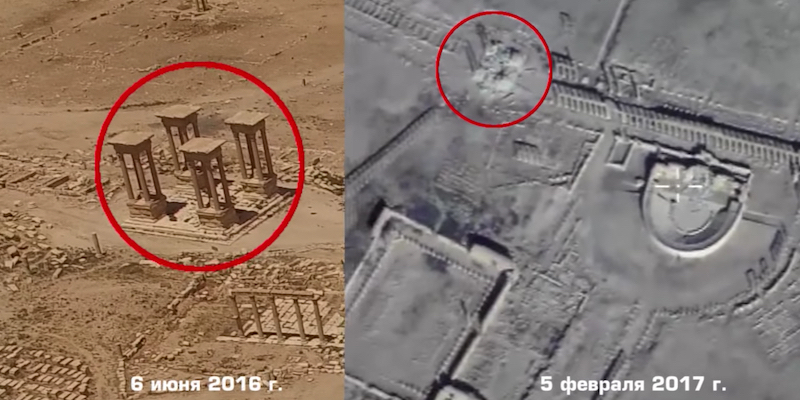 Un frame delle riprese fatte da un drone dell'esercito russo sul sito archeologico di Palmira, in Siria