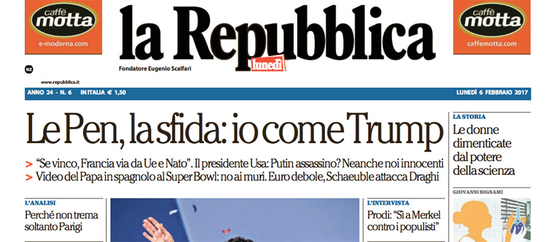 Le prime pagine di lunedì 6 febbraio 2017