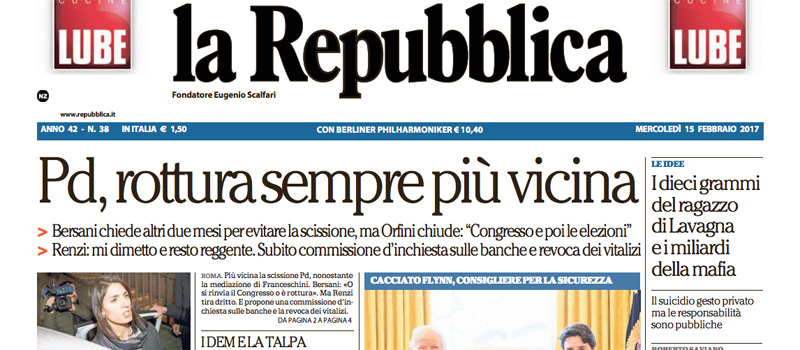 Le prime pagine di mercoledì 15 febbraio 2017