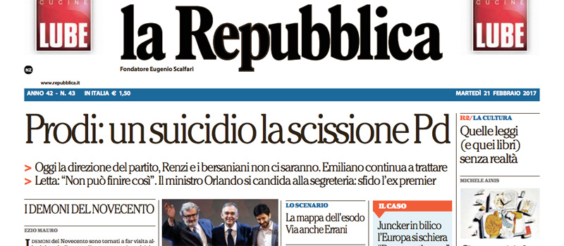 Le prime pagine di martedì 21 febbraio 2017