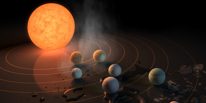 La stella TRAPPIST-1 con i suoi pianeti in un'elaborazione grafica tridimensionale

(NASA)
