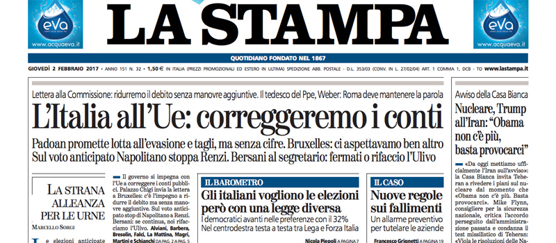 Le prime pagine di giovedì 2 febbraio 2017