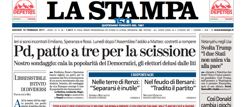 Le prime pagine di giovedì 16 febbraio 2017