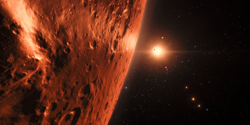 Un'elaborazione grafica degli esopianeti nei pressi di TRAPPIST-1 (ESO)