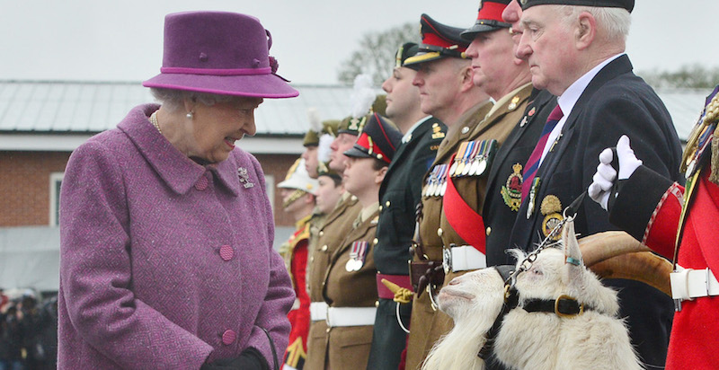 La regina Elisabetta II passa in rassegna i soldati e una delle due capre del reggimento reale del Galles in visita alla caserma di Lucknow, Tidworth, Inghilterra, 3 marzo 2017
(Ben Birchall- WPA Pool/Getty Images)
