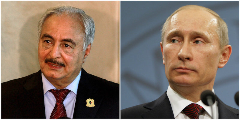 Khalifa Haftar (KHALIL MAZRAAWI/AFP/Getty Images) e Vladimir Putin (AP Photo/RIA Novosti, Alexei Druzhinin, Pool)