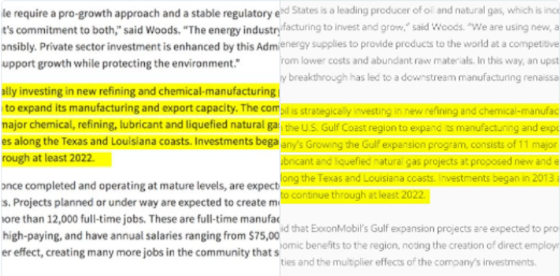La Casa Bianca ha lodato Exxon, copiando dal sito di Exxon