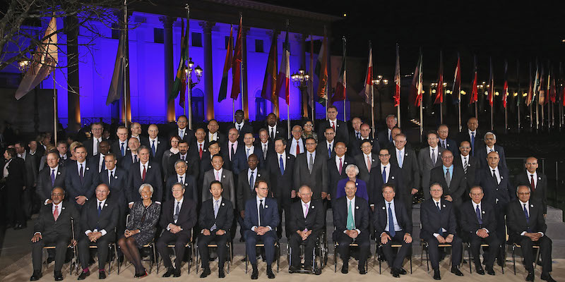 I ministri dell'Economia e i direttori delle banche centrali che hanno partecipato alla riunione del G20 del 17-18 marzo 2017 a Baden-Baden, in Germania (Thomas Niedermueller - Pool/Getty Images)