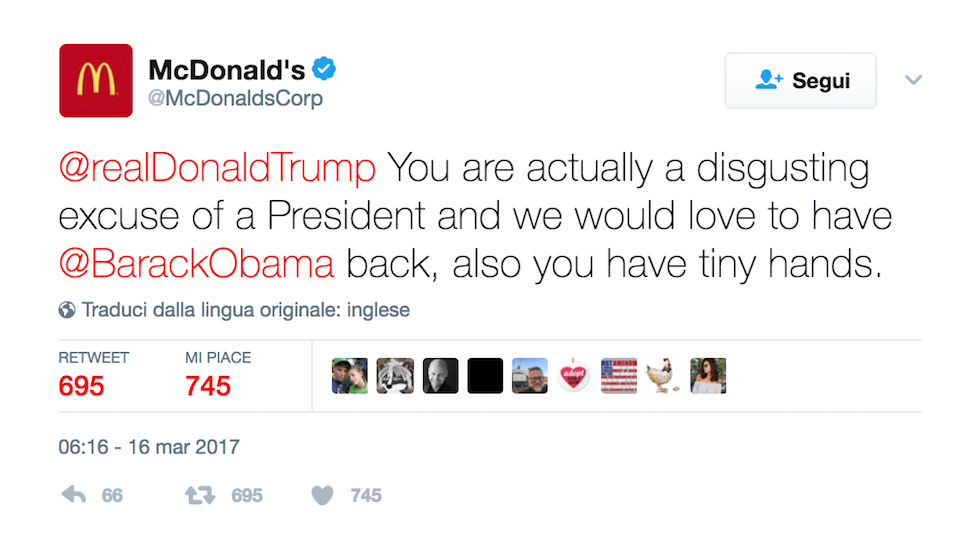 McDonald’s ha pubblicato – e poi cancellato – un tweet molto critico contro Trump