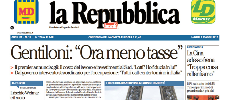 Le prime pagine di lunedì 6 marzo 2017