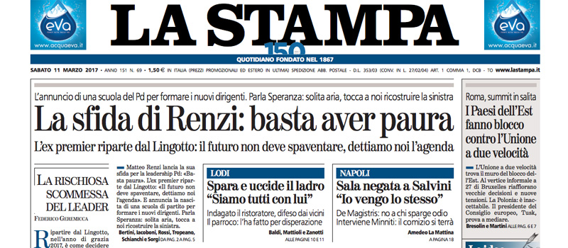 Le prime pagine di sabato 11 marzo 2017