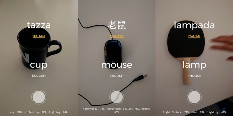 Esempi di come l'esperimento di intelligenza artificiale di Google "Thing Translator" riconosce – con più o meno successo – alcuni oggetti e li identifica in varie lingue.