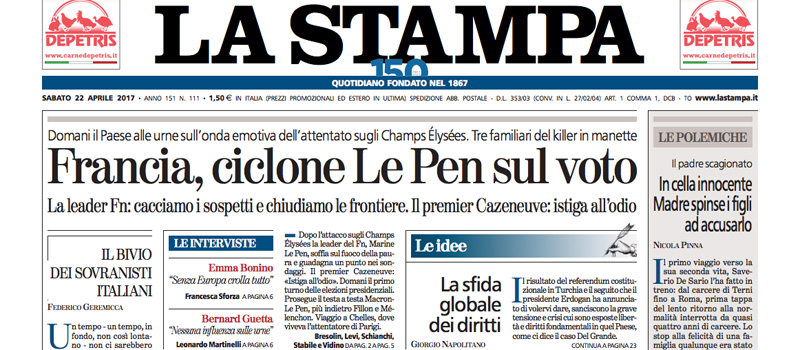 Le prime pagine di sabato 22 aprile 2017