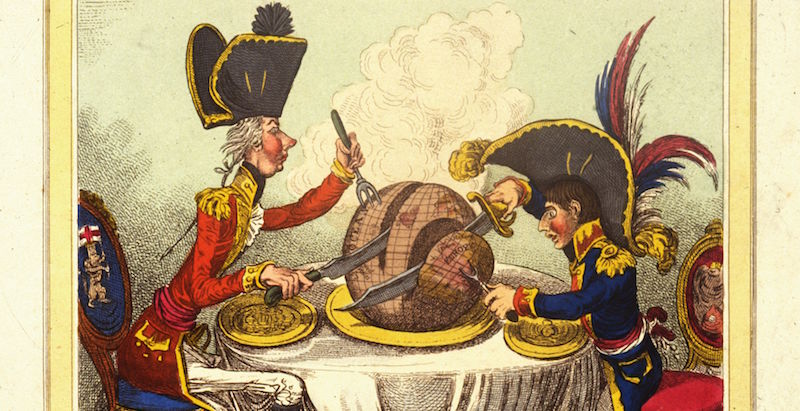 Un vignetta satirica con Napoleone e il primo ministro britannico William Pitt che si dividono il mondo, pubblicata nel 1805
(Rischgitz/Getty Images)