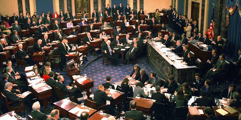 Il Senato degli Stati Uniti durante il voto durante il processo per impeachment contro il presidente Bill Clinton, il 12 febbraio 1999 (AFP/Getty Images)