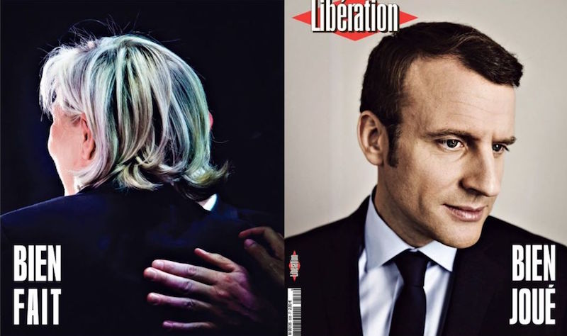 La doppia copertina di Libération, che dice "ben giocato" (o "se l'è giocata bene") sotto la foto di Macron e "ben fatto" sotto a quella di Le Pen, che chiude il giornale.