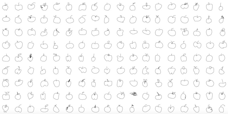 Alcuni dei 140mila disegni di mele raccolti da Google con Quick, Draw!