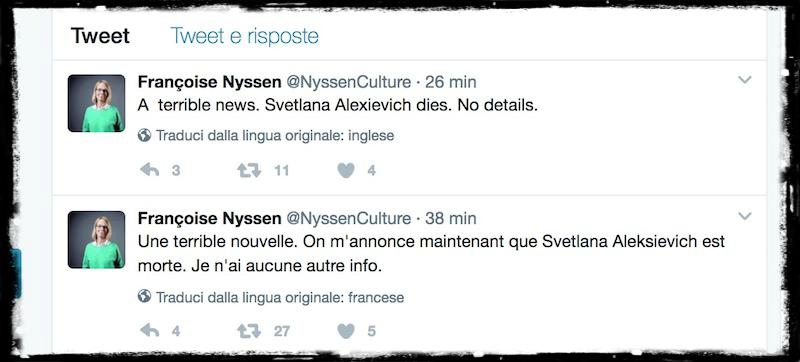 Le Figaro e altre testate hanno dato la notizia falsa della morte della scrittrice Svetlana Aleksievič