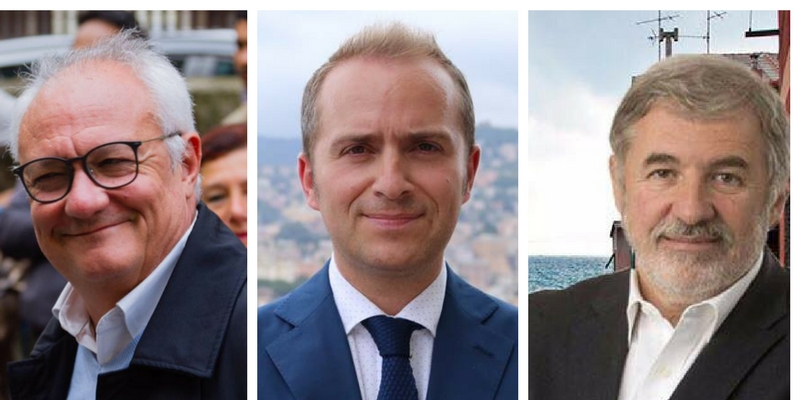 (Da sinistra: Gianni Crivello, candidato sindaco del centrosinistra, Luca Pirondini, candidato sindaco del M5S, Marco Bucci, candidato sindaco del centrodestra)