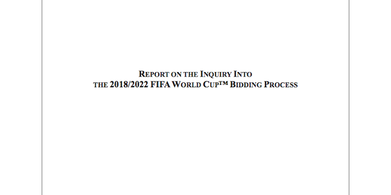 La prima pagina del rapporto Garcia riguardante l'assegnazione dei Mondiali 2018 e 2022 da parte della FIFA