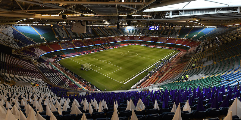 L'interno del Millennium Stadium di Cardiff preparato per la finale di stasera (Michael Regan/Getty Images)