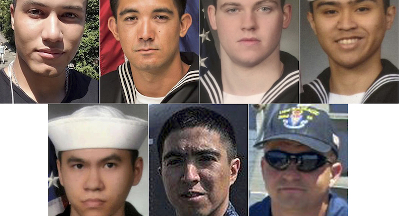 I volti dei sette militari della marina statunitense morti nello scontro del 16 giugno tra la nave da guerra sulla quale stavano prestando servizio e un mercantile filippino
(U.S. Navy via AP)