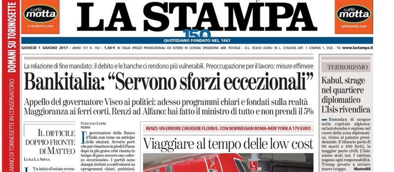 Le prime pagine di giovedì 1 giugno 2017