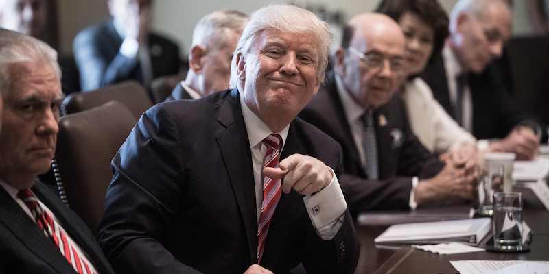 Il presidente degli Stati Uniti Donald Trump sorride durante una riunione di gabinetto alla Casa Bianca, il 12 giugno 2017 (NICHOLAS KAMM/AFP/Getty Images)