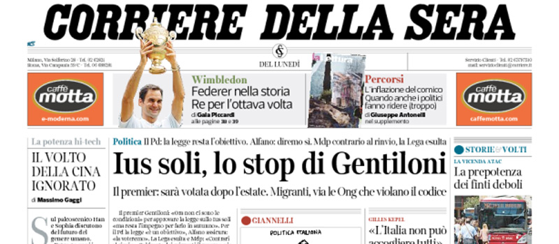 Le prime pagine di lunedì 17 luglio 2017