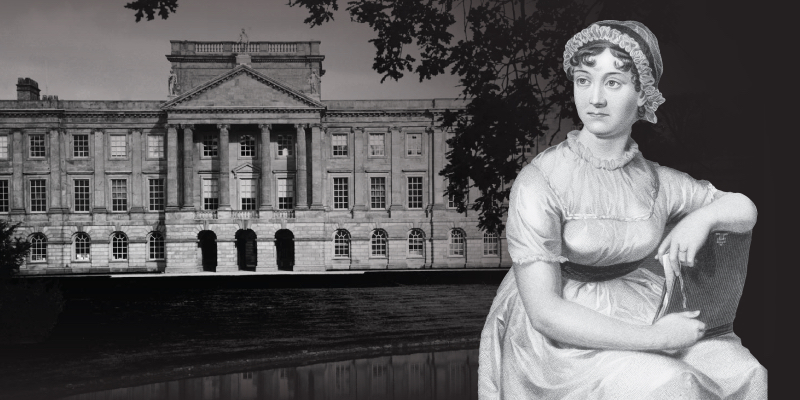 Jane Austen in un ritratto fatto fare dalla sua famiglia dopo la sua morte che la mostra in giovane età e, sullo sfondo, la residenza di Lyme Park, in Inghilterra, usata come set della serie tv di BBC "Orgoglio e pregiudizio" (Hulton Archive/Getty Images)
