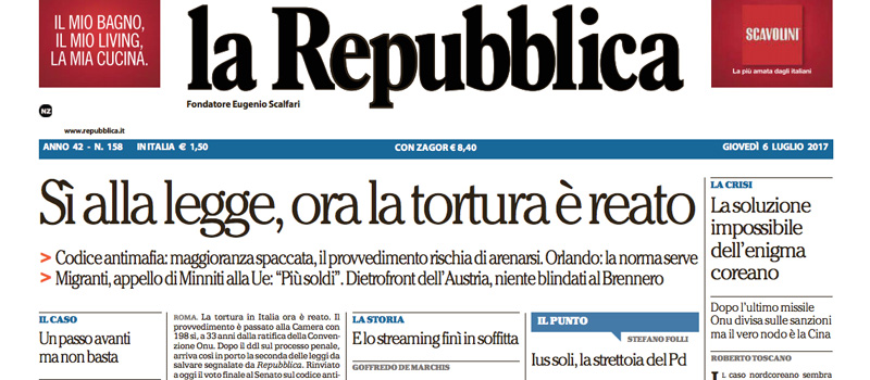 Le prime pagine di giovedì 6 luglio 2017