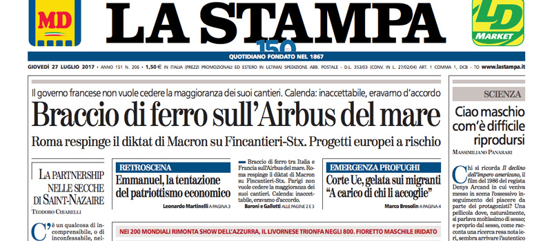 Le prime pagine di giovedì 27 luglio 2017