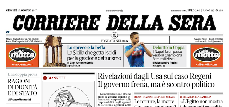Le prime pagine di giovedì 17 agosto 2017