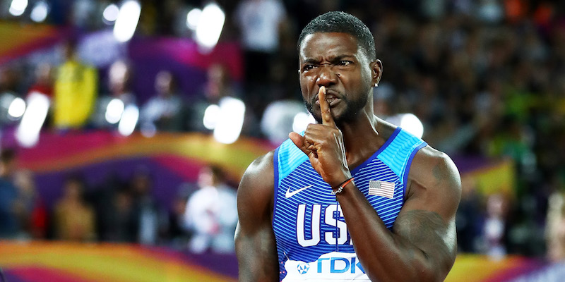  Justin Gatlin dopo la vittoria nella finale dei 100 metri a Londra (Michael Steele/Getty Images)