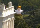 C'è un gigantesco pollo che assomiglia a Trump dietro alla Casa Bianca