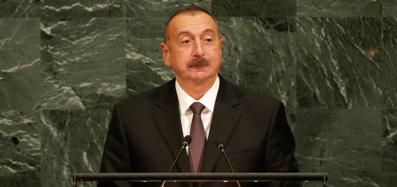 Il presidente dell'Azerbaijan Ilham Aliyev all'ONU, il 20 settembre 2017. (AP Photo/Seth Wenig)