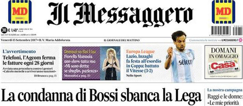 Le prime pagine di venerdì 15 settembre 2017
