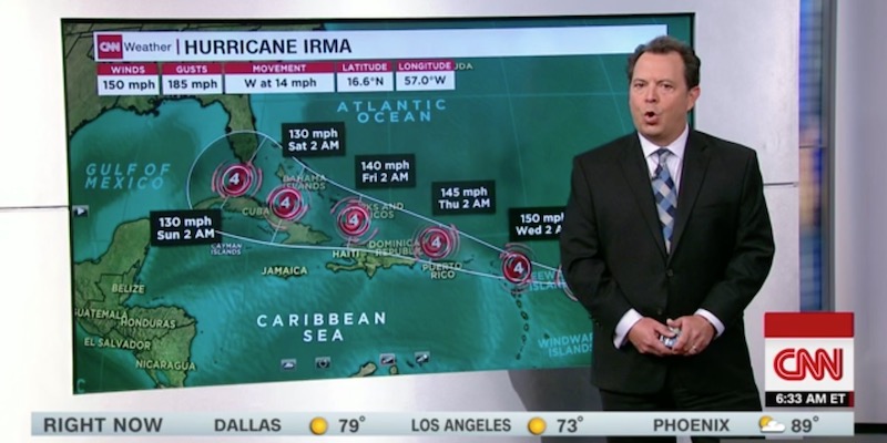 Lo spostamento dell'uragano Irma nelle previsioni meteorologiche di CNN