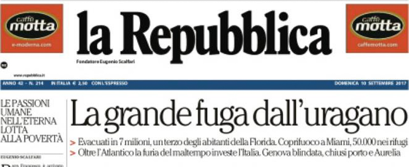 Le prime pagine di domenica 10 settembre 2017