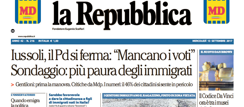 Le prime pagine di mercoledì 13 settembre 2017